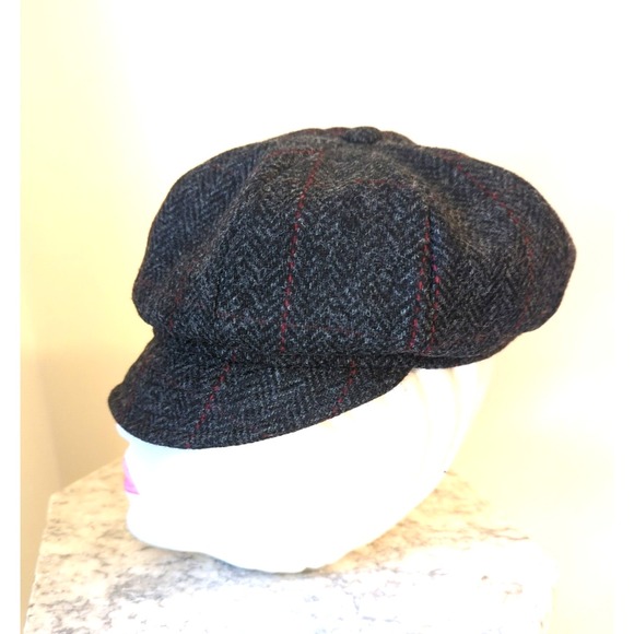 MUCROS Weavers Newsboy Wool Hat Charcoal Red Herringbone Flower Ireland Chicness - Picture 3 of 8